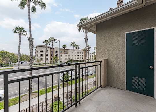 A balcony with a green door and a black railing overlooks a street with palm trees.