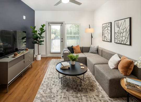a living room with a couch and a coffee table