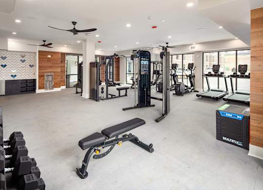 a gym with weights and cardio equipment in a building with windows