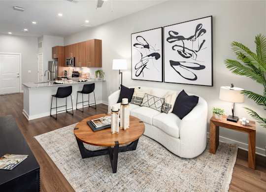 a living room with a couch and a table