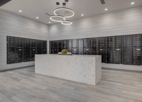 a marble reception desk in a room with a large closet