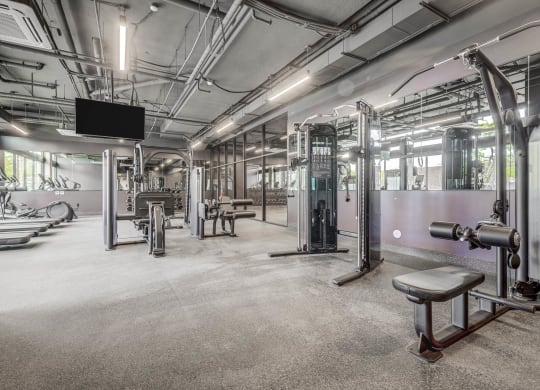a gym with weights and machines and a tv