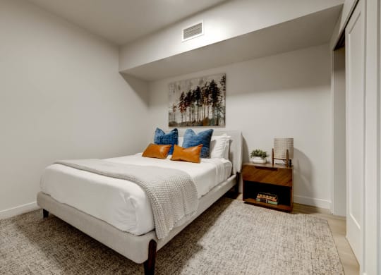 bedroom with white walls and a white bed with orange and blue pillows