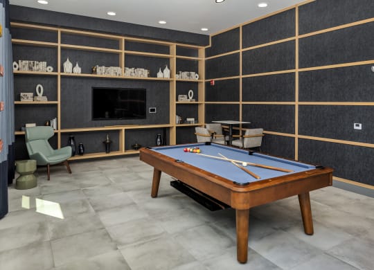 a games room with a pool table and a tv