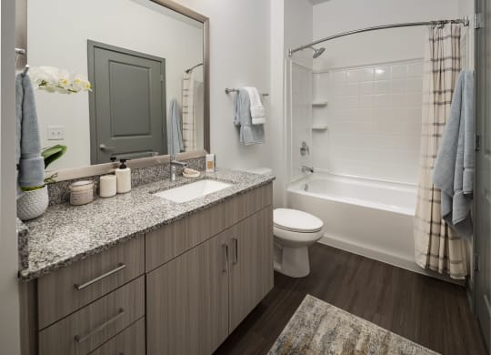a bathroom with a large mirror and a toilet and a shower