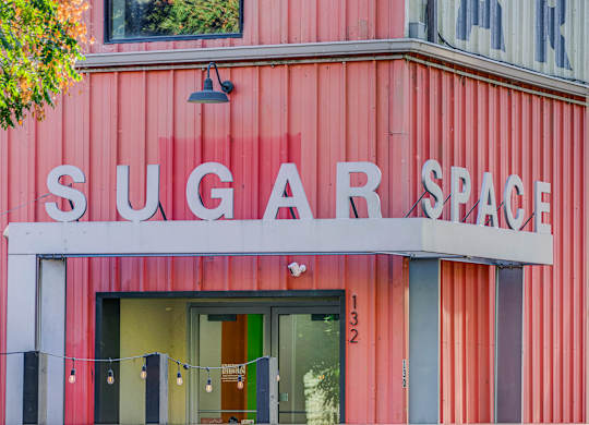 A red building with the words