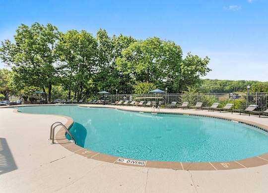 A large swimming pool surrounded by trees and lounge chairs.
