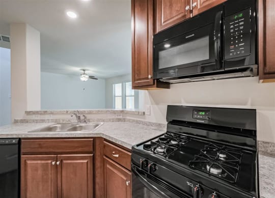 a kitchen with a stove microwave and sink at The Village at Caney Mills, Conroe, Texas