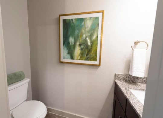 a bathroom with a toilet and a painting on the wall