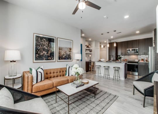 a living room with a couch and a table