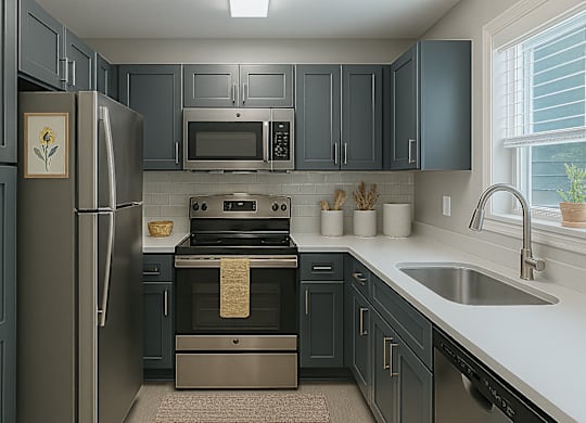 A kitchen with a refrigerator, oven, microwave, and sink.