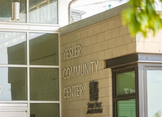 a building with the yerkes community center on the side of it