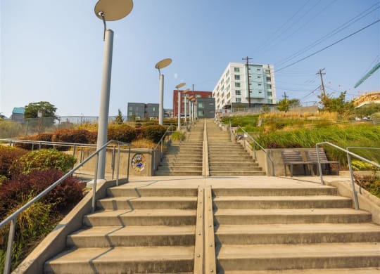 a set of stairs in a city with a building in the background