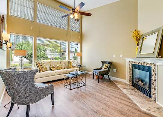 The Residences at Stone Creek in Milton, Washington Model Living Room with Fireplace