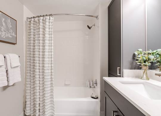 Shower and soaking tub at 15 Bank Apartments in White Plains, NY 10606