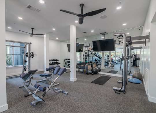Weight Lifting Equipment in the Fitness Center at Abstract at Design District in Dallas TX, 75207