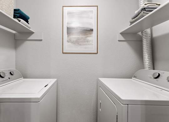 a laundry room with a washer and dryer and a painting on the wall  at Verona, Littleton, CO, 80123