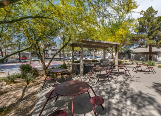 a picnic area with tables and chairs in a park at Paisley and Pointe Apartments, Las Vegas