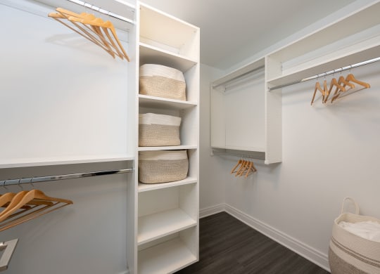 a walk in closet with shelves and baskets  at The Belden Stratford, Illinois
