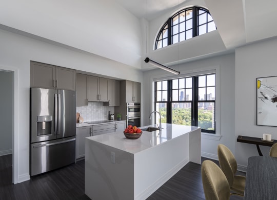 a kitchen with a large island and stainless steel appliances  at The Belden Stratford, Chicago, Illinois