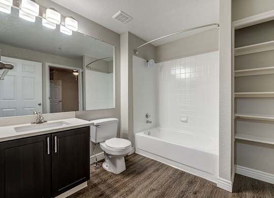 a bathroom with a toilet sink and tub and a mirror at Ashford Belmar Apartments, Lakewood, Colorado