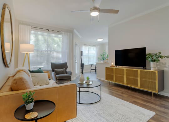 a living room with a couch and a tv at Madison on the Meadow, Stafford