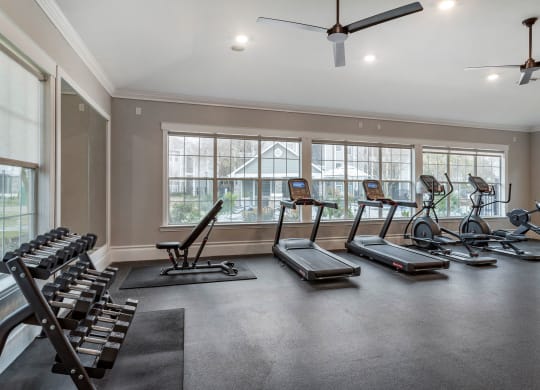 a gym with treadmills and other exercise equipment and windows at Reserve by the Lake, Houston, Texas