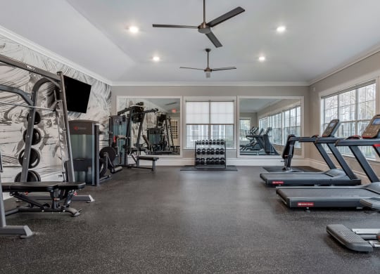 the gym has treadmills and other exercise equipment and windows at Reserve by the Lake, Houston, Texas