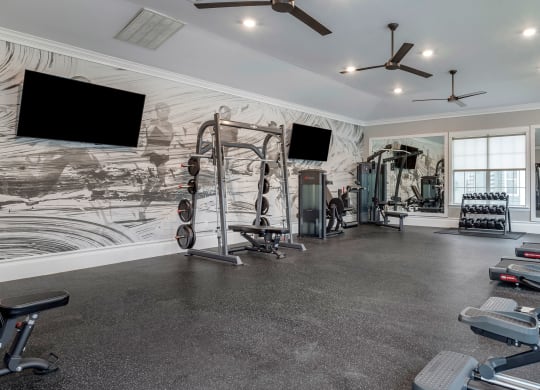 a gym with weights and a tv on the wall at Reserve by the Lake, Houston, Texas