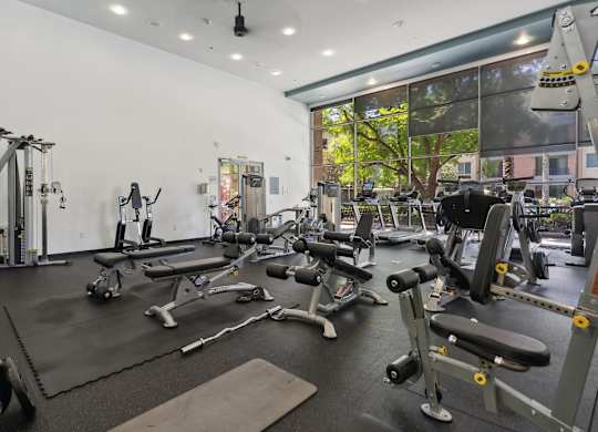 A gym with a variety of equipment including weights and machines at The Kitt at Warner Center Apartments, Woodland Hills, California
