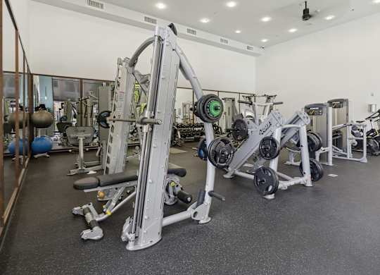 A gym with a variety of equipment including a leg press machine at The Kitt at Warner Center Apartments, Woodland Hills, CA