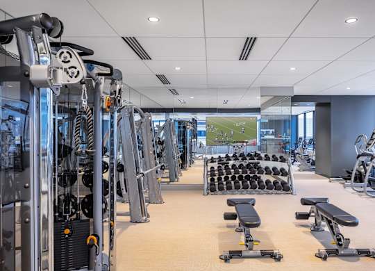 Gym with a variety of equipment including treadmills, weights, and benches at 365 Nicollet, Minneapolis, MN