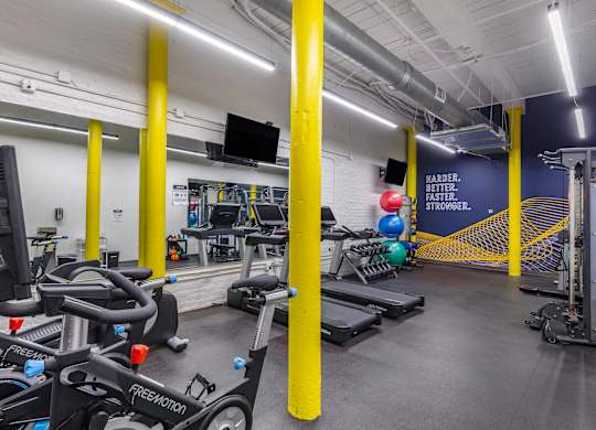 a gym with cardio equipment and weights in a building at Highland Mill Lofts, Charlotte