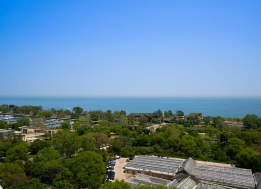 the view of the water from the top of a building  at The Belden Stratford, Chicago
