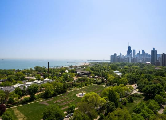 an aerial view of the city and the lake  at The Belden Stratford, Illinois