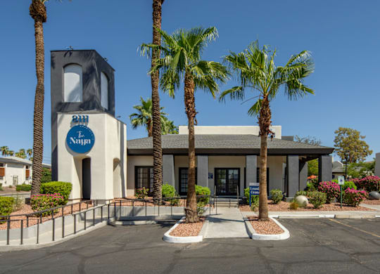 The Na'im building is surrounded by palm trees.