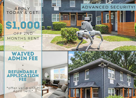 A promotional image for an apartment complex offering a $1,000 discount on the second month's rent.
