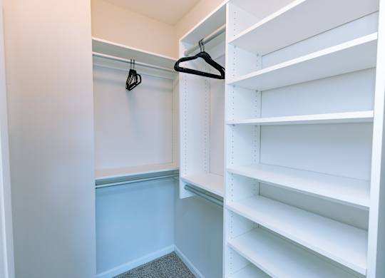 A white closet with a hanger and shelves.