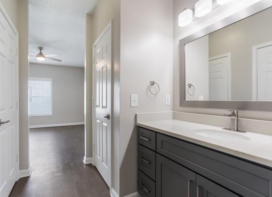 A bathroom with a vanity and a mirror.