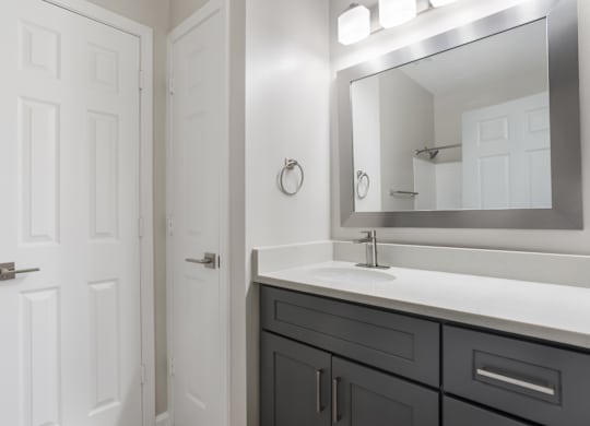 A bathroom with a white door, a mirror, and a sink.