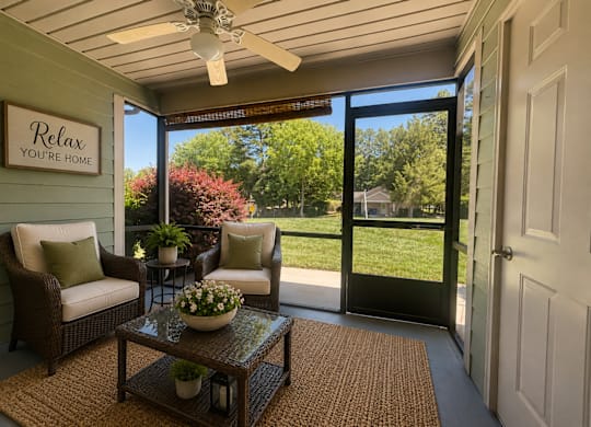 A patio with a table, chairs, and a sign that says "Relax You're Home".