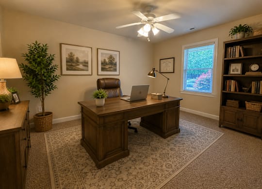 A room with a desk, chair, and a ceiling fan.