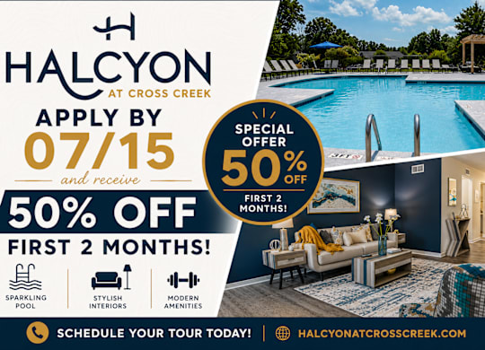 A promotional image for Halcyon at Cross Creek offering a 50% discount for the first two months.