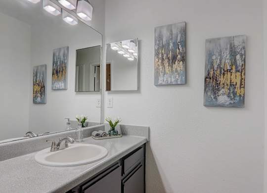 A bathroom with a sink and a mirror.