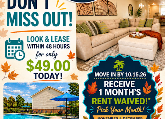 A promotional poster for Cumberland Towers Apartments offering a one-month rent-free deal for new residents.