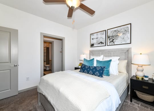 Bedroom with bed, closet, ceiling fan at Carmel Vista, McDonough, GA, 30253
