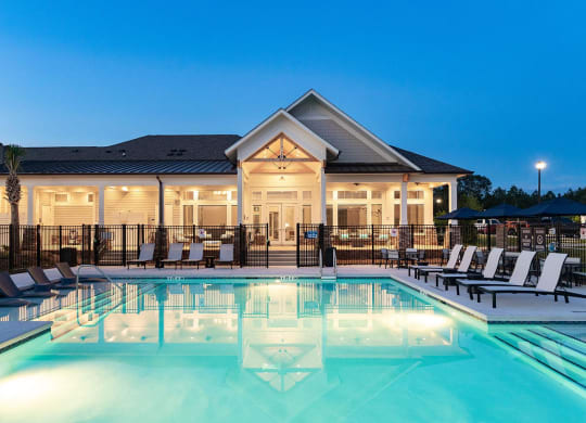 Pool and clubhouse at twilight at Carmel Vista, McDonough, GA, 30253