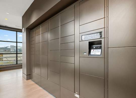 the elevators in the lobby of an office building