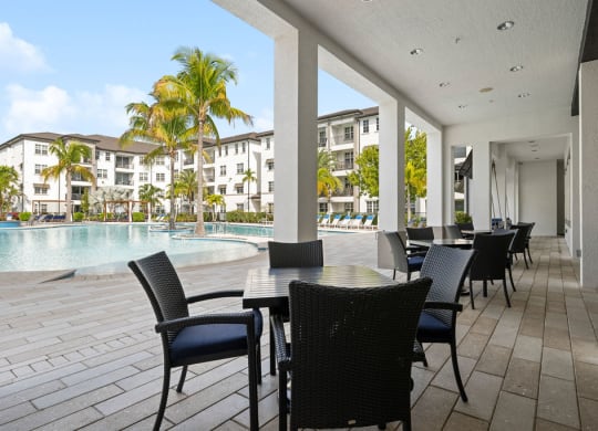 a large patio with tables and chairs next to a pool at Inspira, Florida