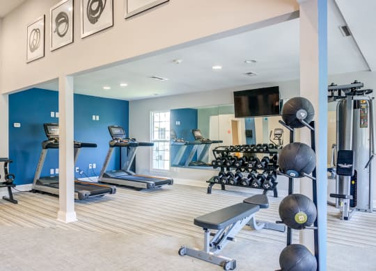 Fitness center with treadmills, TV, weights, and weighted balls at Madison Glen Mills, Pennsylvania, 19342